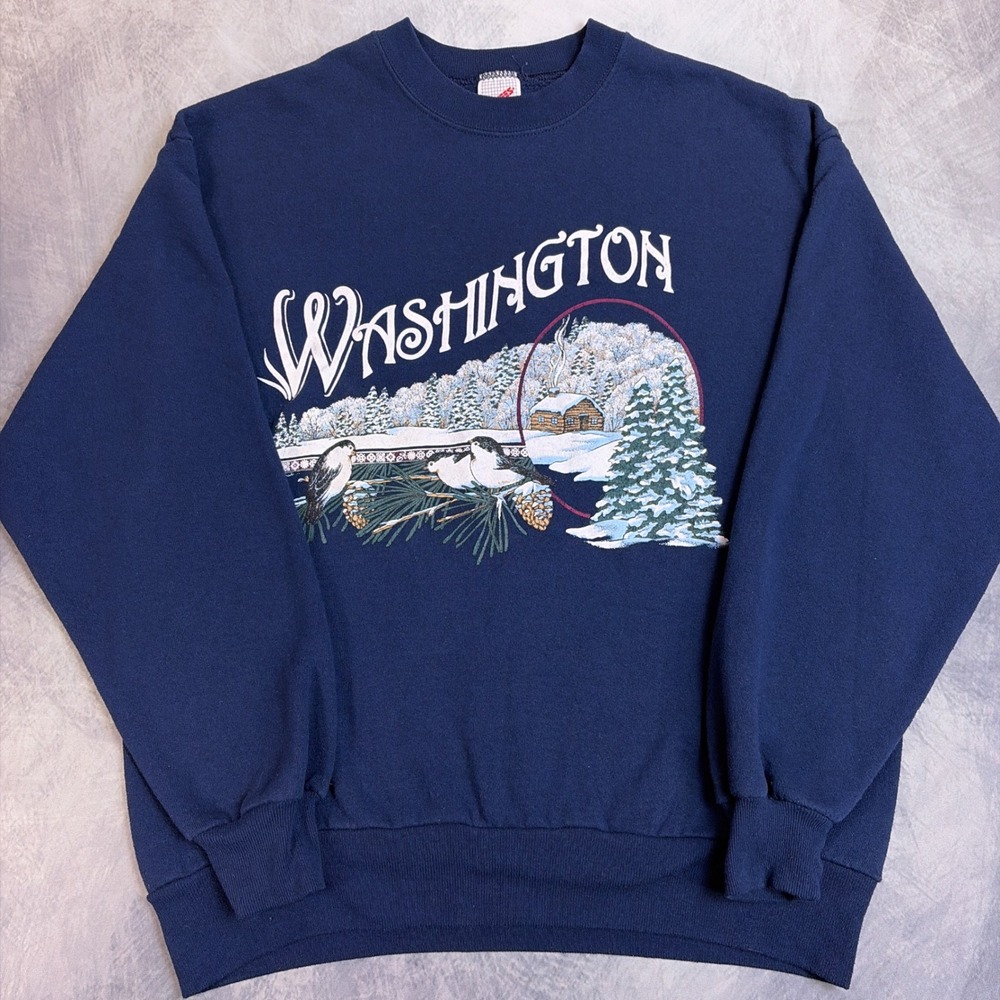 Vintage Jerzees Washington Cabin Winter Scene Sweatshirt Navy Blue Large